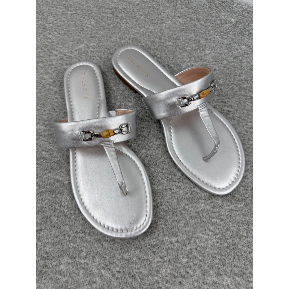 Talbots Thong Sandals Women's Size 10M Silver Metallic Bamboo Bit Slides